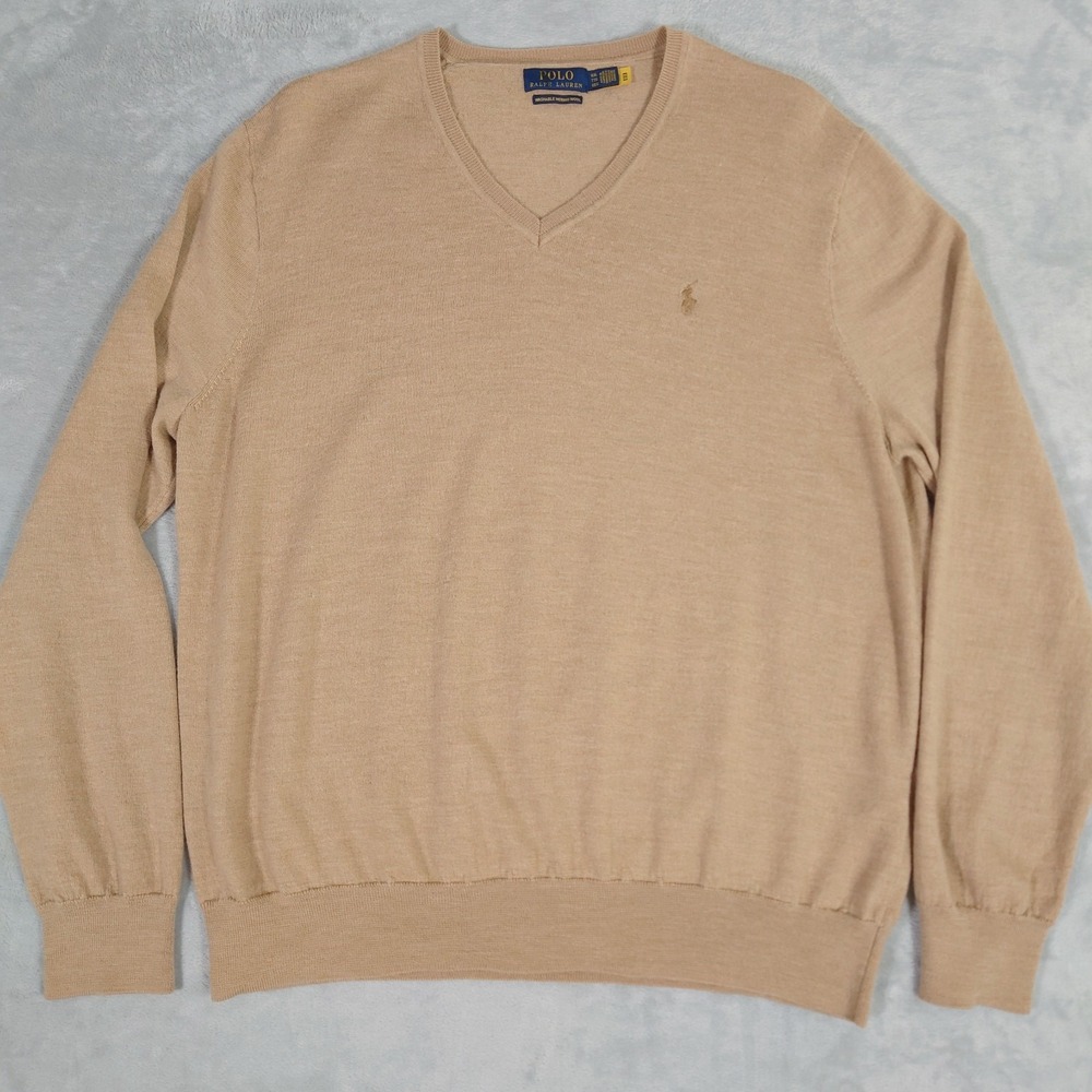 Polo Ralph Lauren Washable Merino Wool Sweater Mens XXL Beige V Neck Long Sleeve